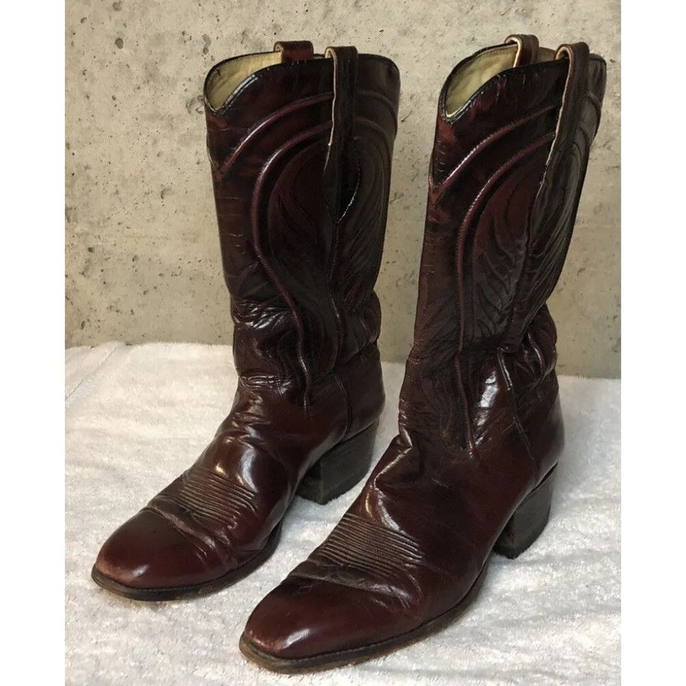 DAN POST VINTAGE BLACK CHERRY LEATHER BOOTS SQ. TOE SZ. 9 B MADE IN SPAIN
